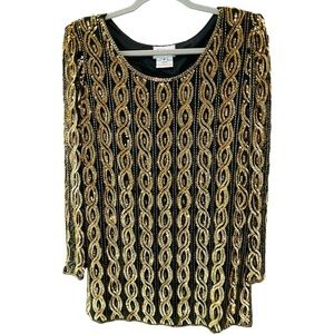 Vtg Stenay Tunic Top Flapper Disco Dress Sequin Beaded Black Gold Silk Small
